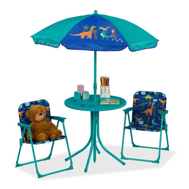 Laste matkatarvete mööblikomplekt, 49.5x49.5 cm laud, 53x36x37.5 cm toolid, 87.5-126x100 cm päikesevari