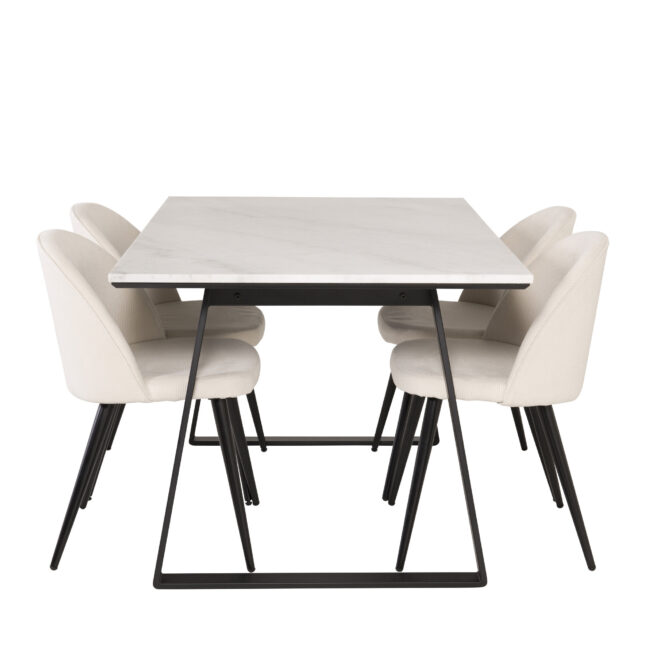 Söögilaud ja sametist söögitoolide komplekt Estelle 140x90 cm valge marmor must