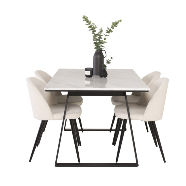 Söögilaud ja sametist söögitoolide komplekt Estelle 140x90 cm valge marmor must