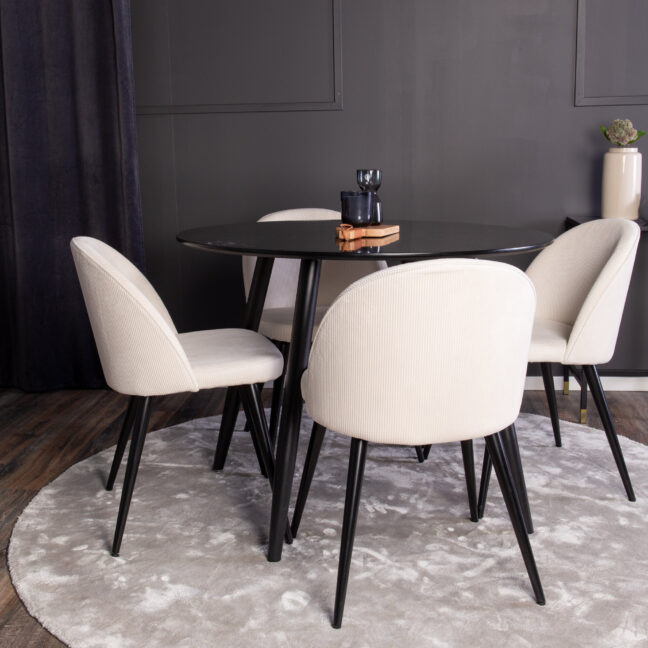 Söögikomplekt Plaza ümmargune söögilaud ja sametist söögitoolid 100x75 cm must beež söögimööbel